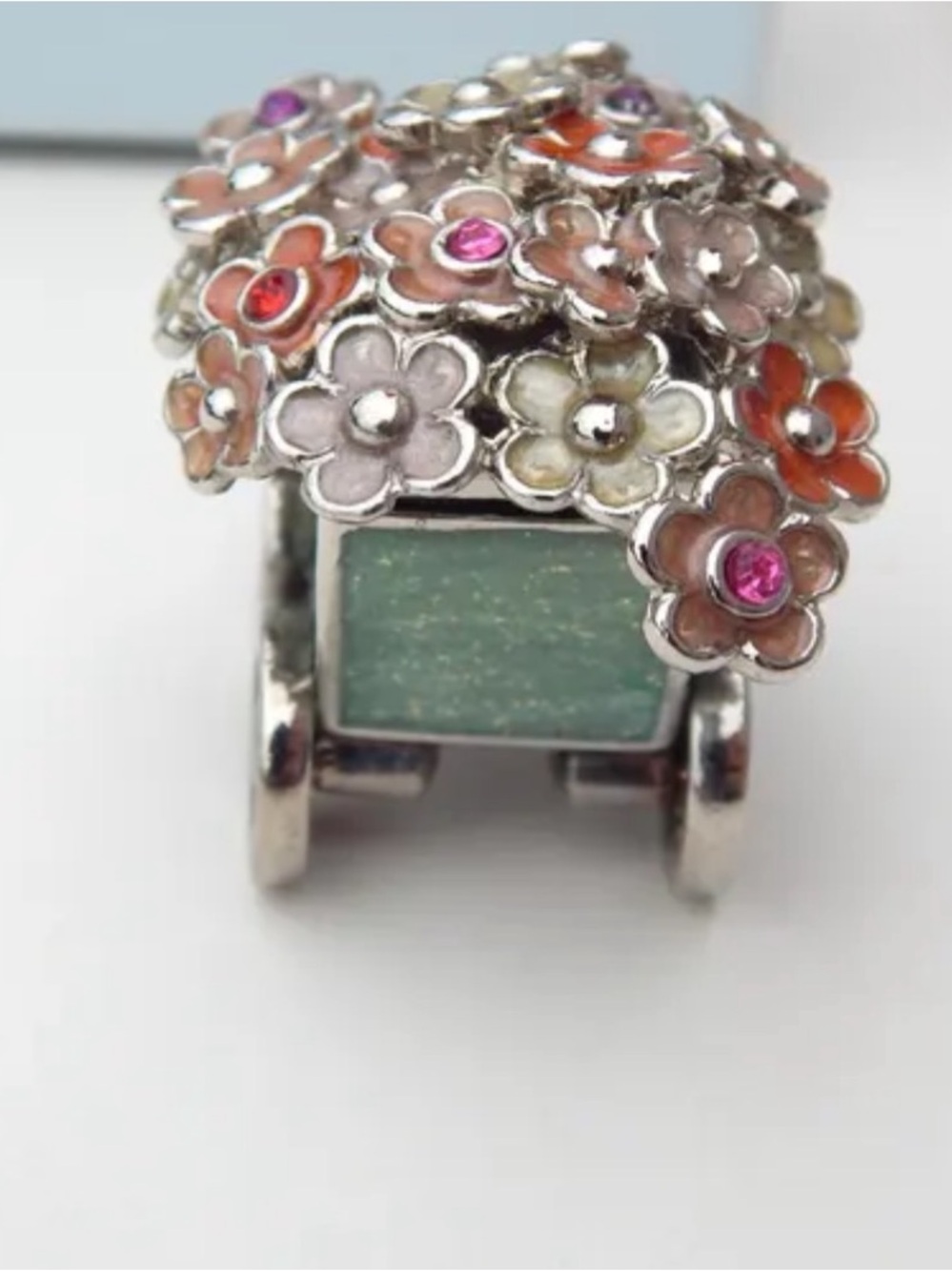 Monet | Trinket Box | Monet Silver Floral Cart Brooch with Green & Pink Enamel - Picture 3 of 10